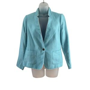 Talbots Blazer Womens 6P Petite Aqua Blue Linen Aberdeen‎ Piped Nautical Buttons